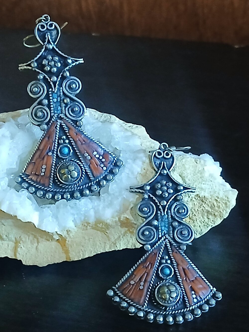 gorgeous TIBETIAN silver, turquoise & coral dangle earrings